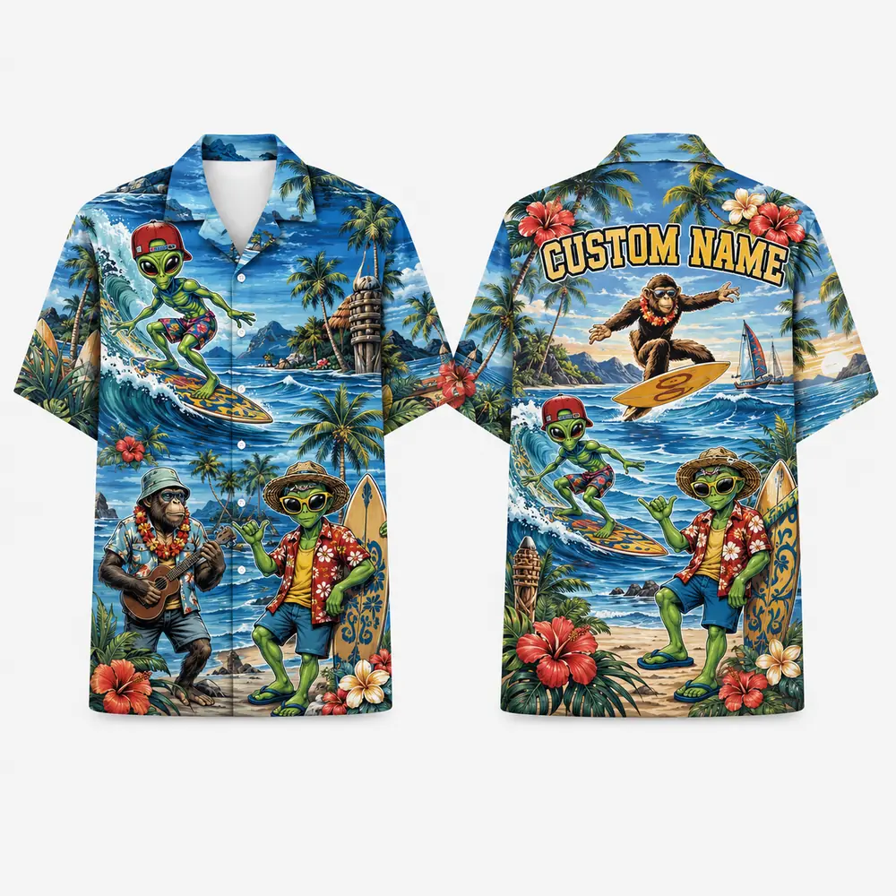 Personalized Alien & Bigfoot Surfing Hawaiian Shirt For Men And Women, Short Sleeve Funny Cryptid Island Vacation Print, Custom Name Summer Button Down