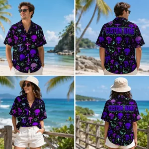Personalized Alien Mushroom Neon Hawaiian Shirt For Men And Women, Short Sleeve Quirky Psychedelic Galactic Vacation Print, Custom Name Summer Button Down - View 1