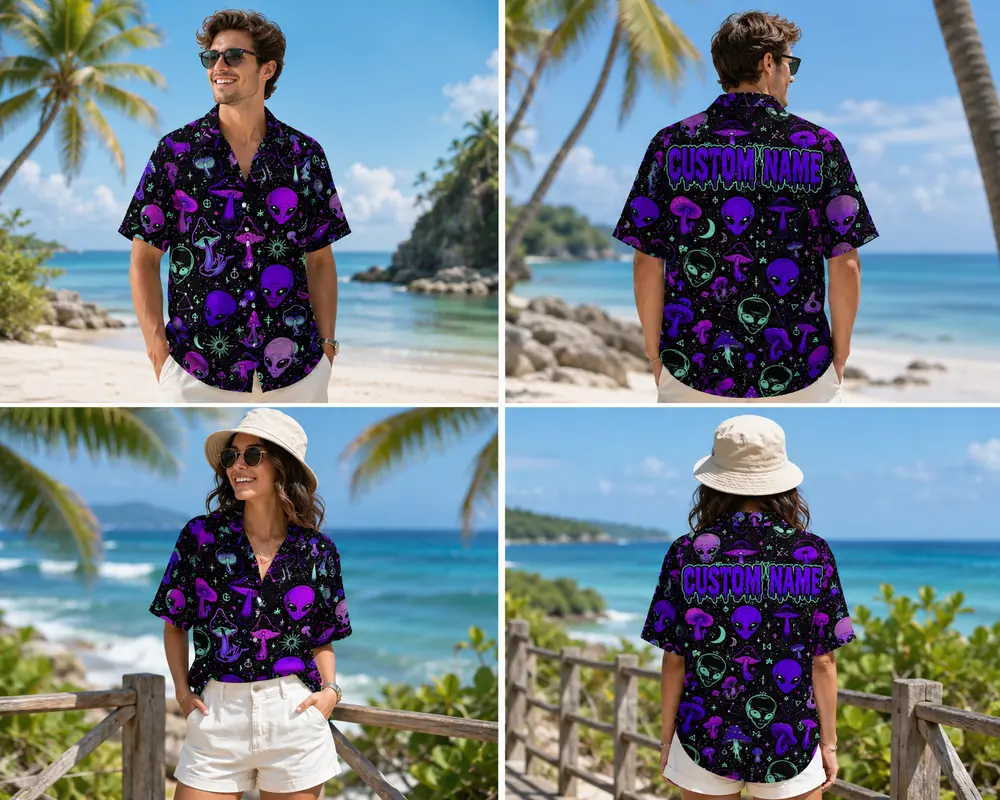 Personalized Alien Mushroom Neon Hawaiian Shirt For Men And Women, Short Sleeve Quirky Psychedelic Galactic Vacation Print, Custom Name Summer Button Down - View 1