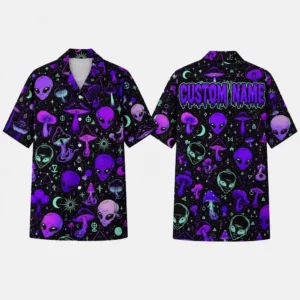 Personalized Alien Mushroom Neon Hawaiian Shirt For Men And Women, Short Sleeve Quirky Psychedelic Galactic Vacation Print, Custom Name Summer Button Down