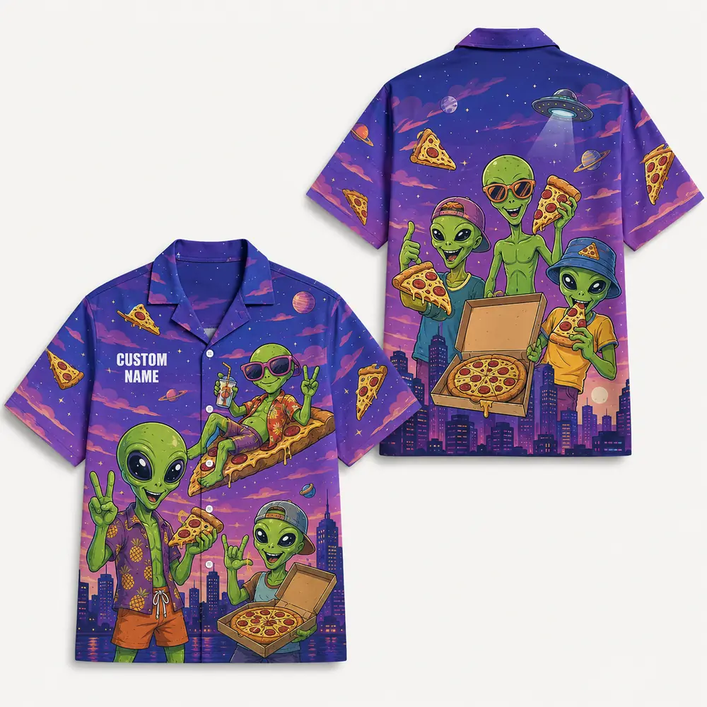 Personalized Alien Pizza Space Hawaiian Shirt For Men And Women, Short Sleeve Funny Sci-Fi Galaxy Party, Custom Name Summer Button Down - Style 1