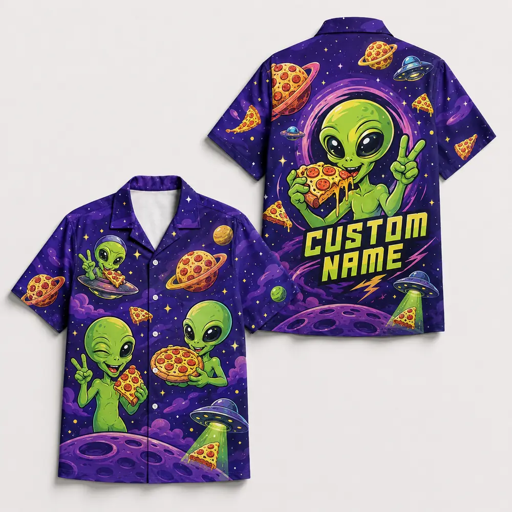 Personalized Alien Pizza Space Hawaiian Shirt For Men And Women, Short Sleeve Funny Sci-Fi Galaxy Party, Custom Name Summer Button Down - Style 10