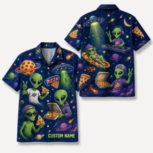 Personalized Alien Pizza Space Hawaiian Shirt For Men And Women, Short Sleeve Funny Sci-Fi Galaxy Party, Custom Name Summer Button Down - Style 2