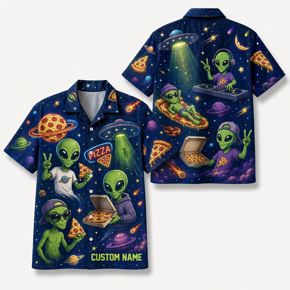 Personalized Alien Pizza Space Hawaiian Shirt For Men And Women, Short Sleeve Funny Sci-Fi Galaxy Party, Custom Name Summer Button Down - Style 2