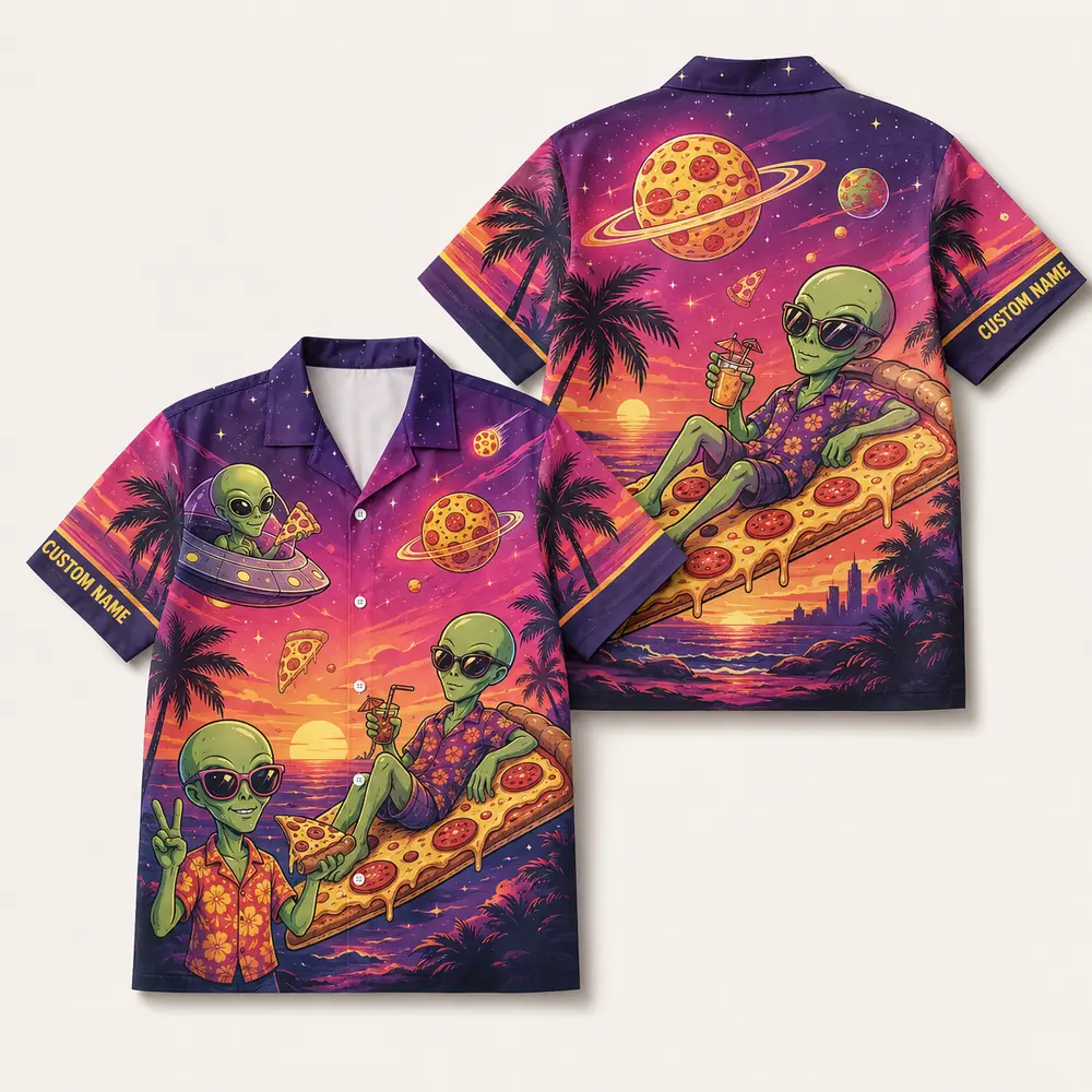 Personalized Alien Pizza Space Hawaiian Shirt For Men And Women, Short Sleeve Funny Sci-Fi Galaxy Party, Custom Name Summer Button Down - Style 3