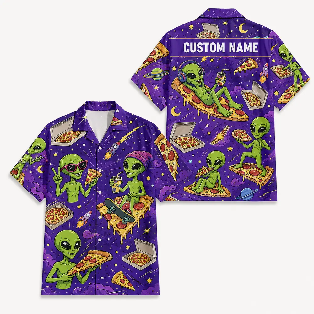 Personalized Alien Pizza Space Hawaiian Shirt For Men And Women, Short Sleeve Funny Sci-Fi Galaxy Party, Custom Name Summer Button Down - Style 4