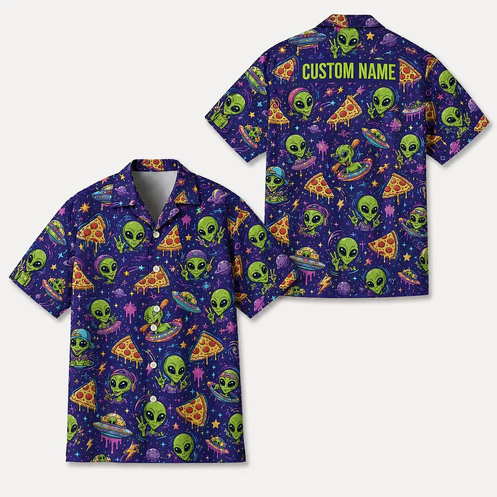 Personalized Alien Pizza Space Hawaiian Shirt For Men And Women, Short Sleeve Funny Sci-Fi Galaxy Party, Custom Name Summer Button Down - Style 5