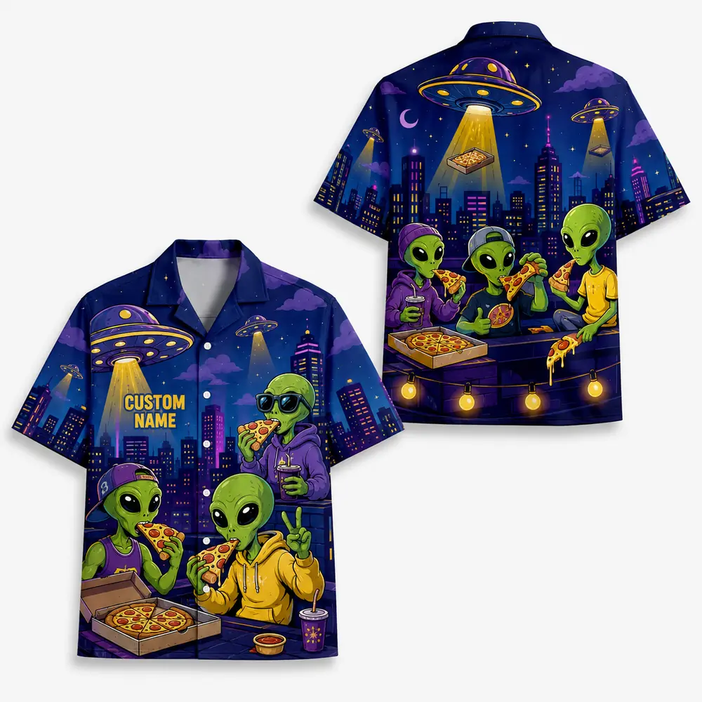Personalized Alien Pizza Space Hawaiian Shirt For Men And Women, Short Sleeve Funny Sci-Fi Galaxy Party, Custom Name Summer Button Down - Style 6