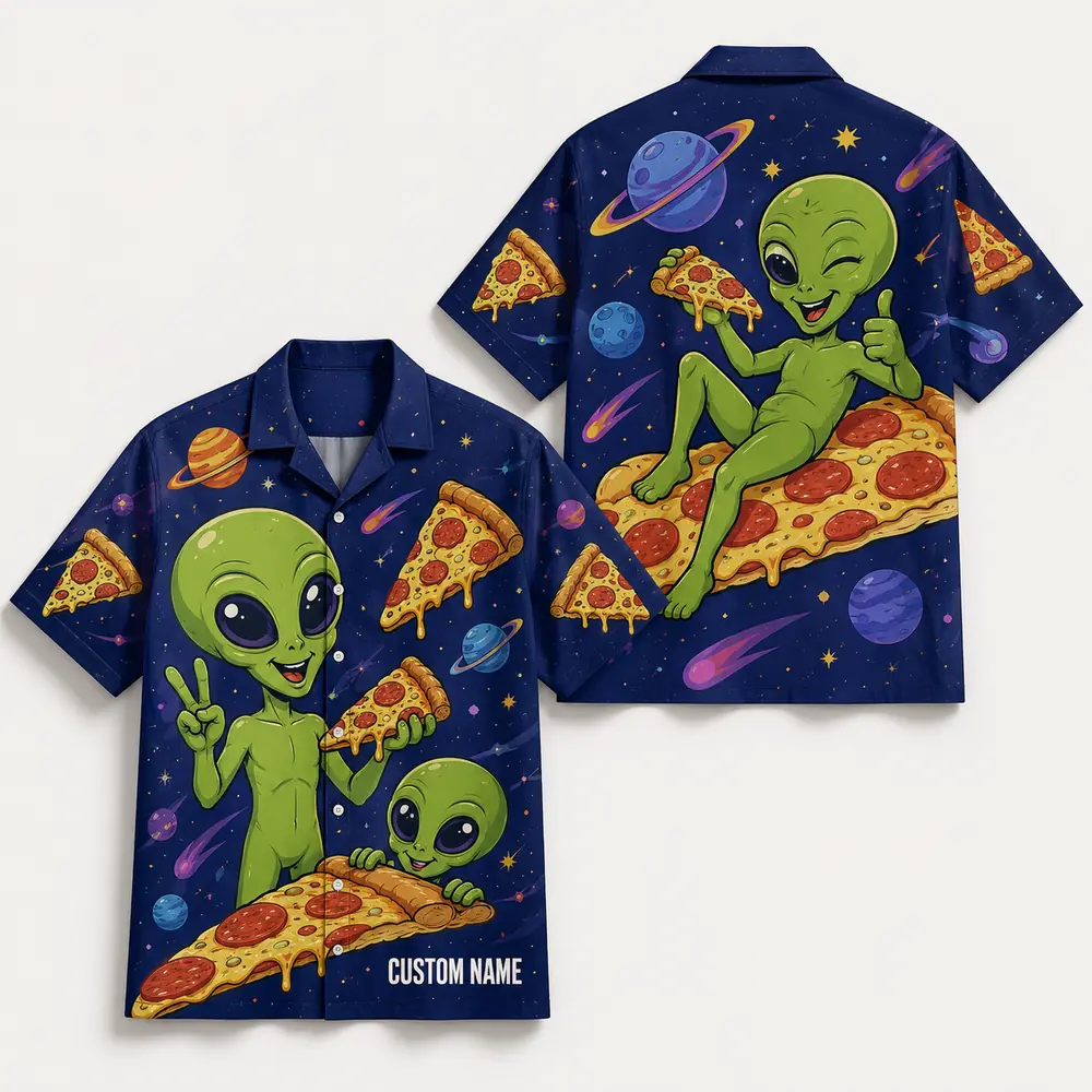 Personalized Alien Pizza Space Hawaiian Shirt For Men And Women, Short Sleeve Funny Sci-Fi Galaxy Party, Custom Name Summer Button Down - Style 7