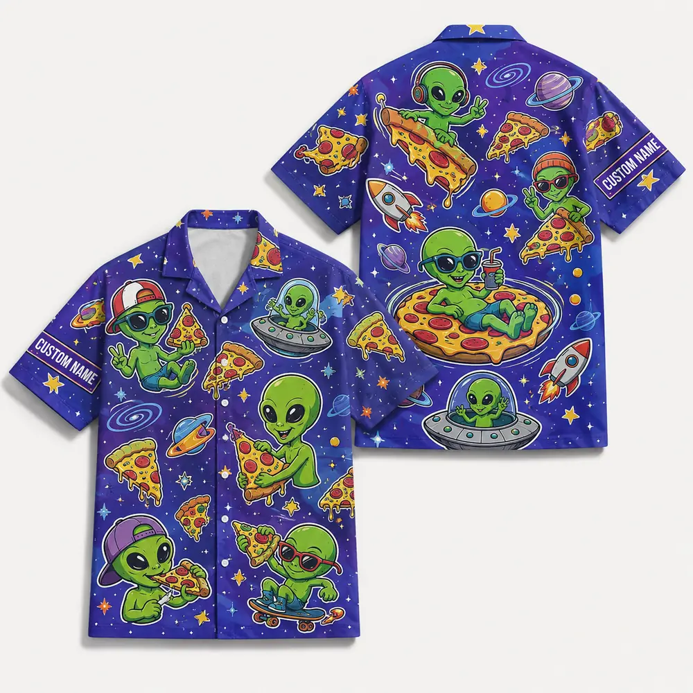 Personalized Alien Pizza Space Hawaiian Shirt For Men And Women, Short Sleeve Funny Sci-Fi Galaxy Party, Custom Name Summer Button Down - Style 8