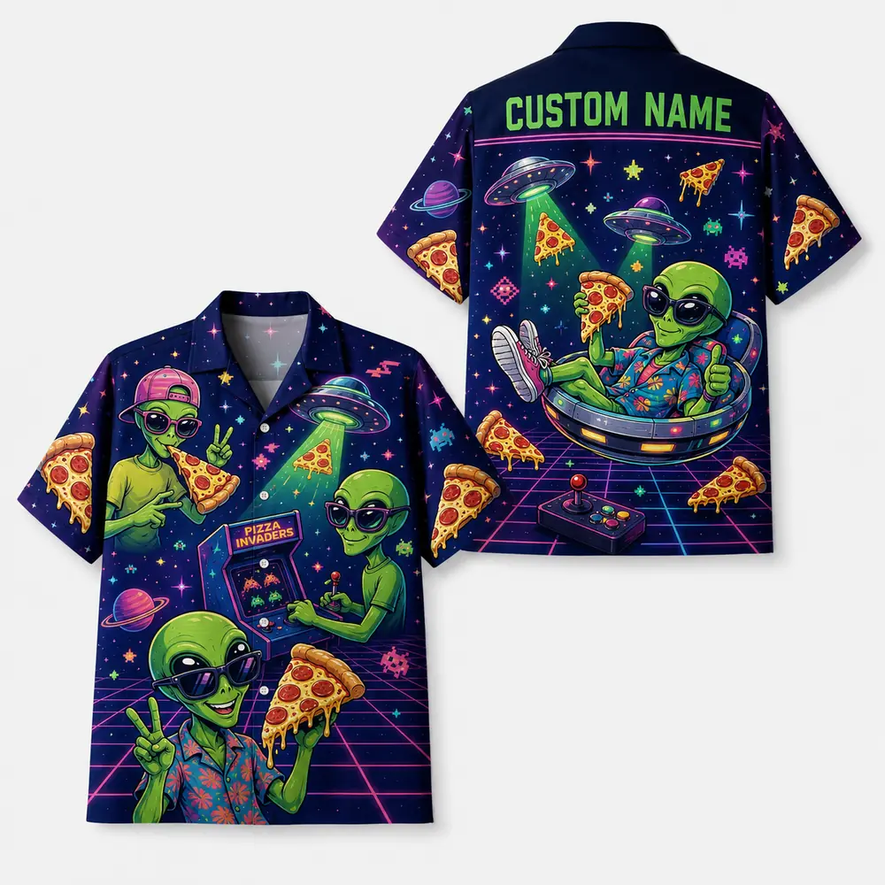 Personalized Alien Pizza Space Hawaiian Shirt For Men And Women, Short Sleeve Funny Sci-Fi Galaxy Party, Custom Name Summer Button Down - Style 9