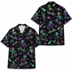 Personalized Alien Skateboarding Outer Space Hawaiian Shirt For Men And Women, Short Sleeve Funny Sci-Fi Skater Galaxy, Custom Name Button Down - Style 1