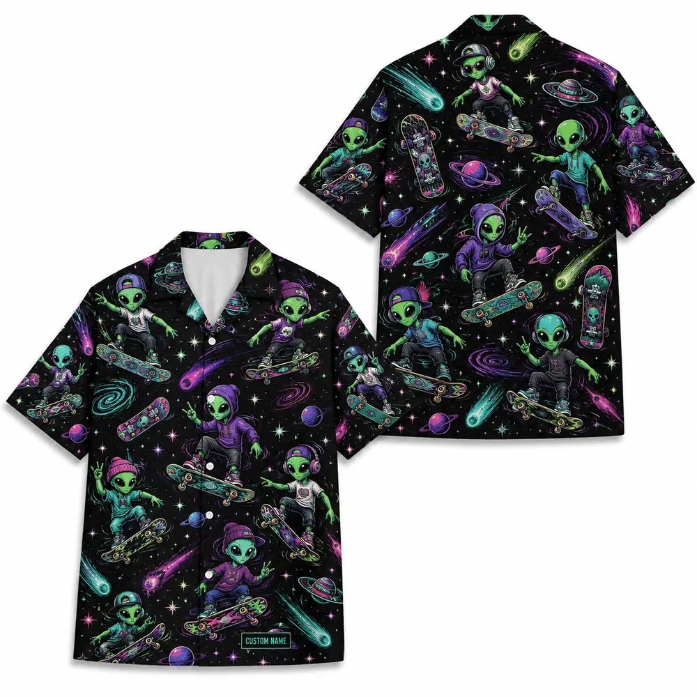 Personalized Alien Skateboarding Outer Space Hawaiian Shirt For Men And Women, Short Sleeve Funny Sci-Fi Skater Galaxy, Custom Name Button Down - Style 1