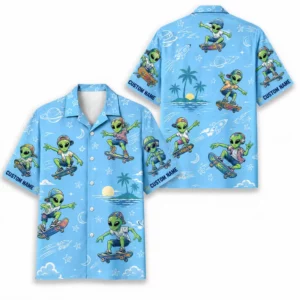Personalized Alien Skateboarding Outer Space Hawaiian Shirt For Men And Women, Short Sleeve Funny Sci-Fi Skater Galaxy, Custom Name Button Down - Style 2
