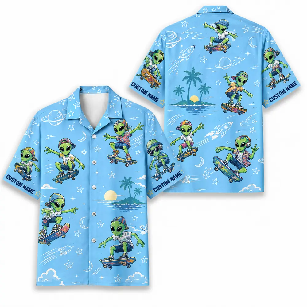 Personalized Alien Skateboarding Outer Space Hawaiian Shirt For Men And Women, Short Sleeve Funny Sci-Fi Skater Galaxy, Custom Name Button Down - Style 2