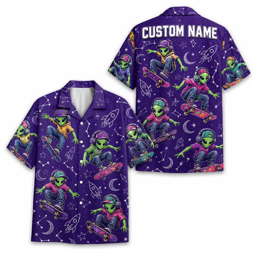 Personalized Alien Skateboarding Outer Space Hawaiian Shirt For Men And Women, Short Sleeve Funny Sci-Fi Skater Galaxy, Custom Name Button Down - Style 3
