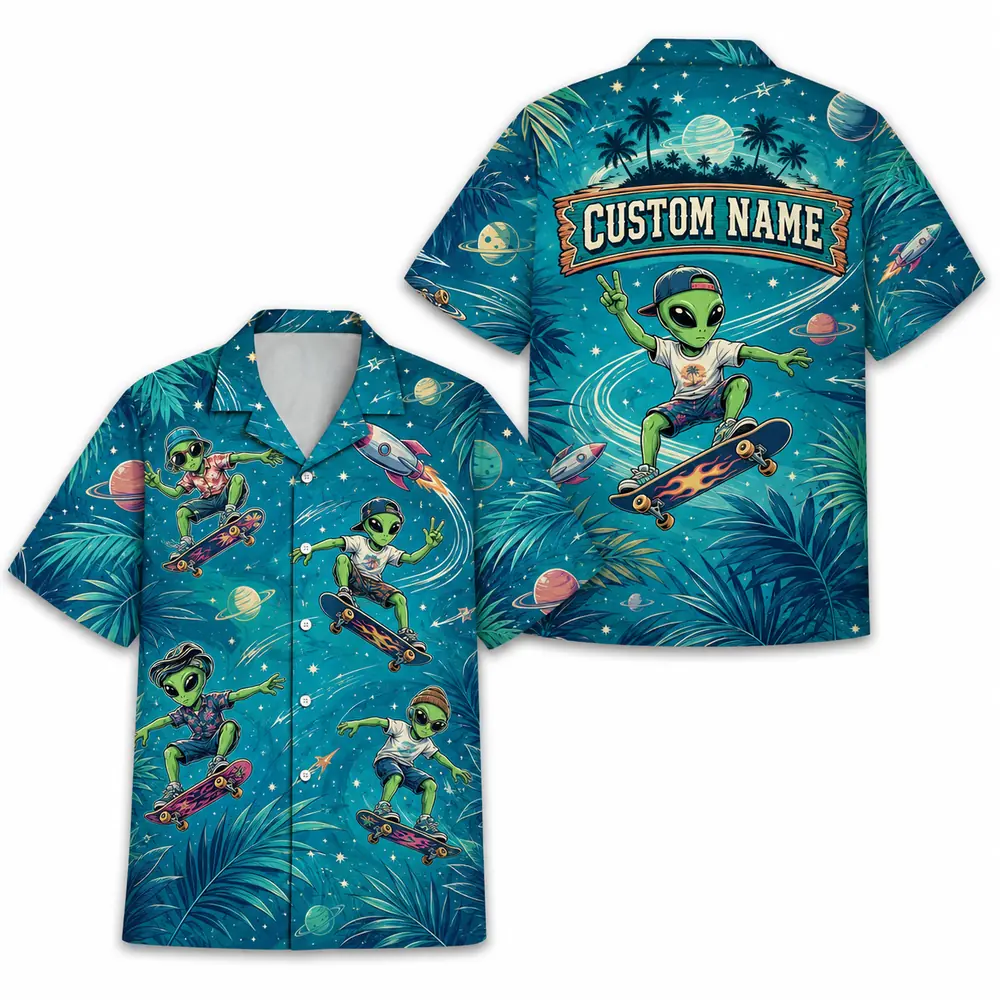Personalized Alien Skateboarding Outer Space Hawaiian Shirt For Men And Women, Short Sleeve Funny Sci-Fi Skater Galaxy, Custom Name Button Down - Style 4