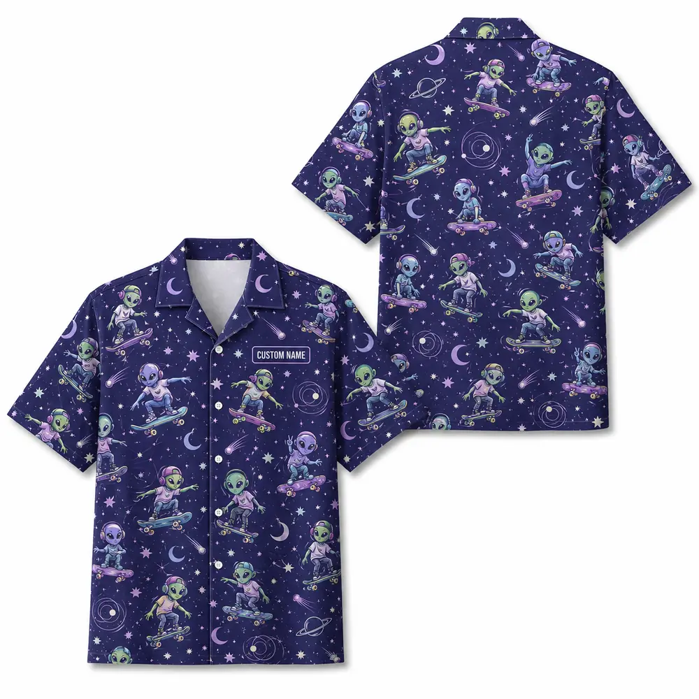Personalized Alien Skateboarding Outer Space Hawaiian Shirt For Men And Women, Short Sleeve Funny Sci-Fi Skater Galaxy, Custom Name Button Down - Style 5