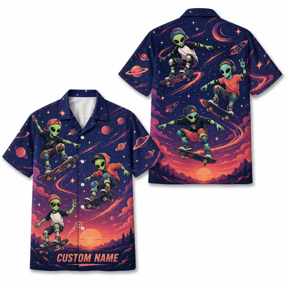 Personalized Alien Skateboarding Outer Space Hawaiian Shirt For Men And Women, Short Sleeve Funny Sci-Fi Skater Galaxy, Custom Name Button Down - Style 6