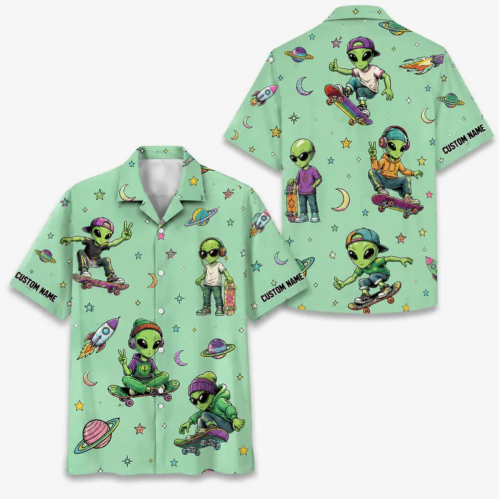 Personalized Alien Skateboarding Outer Space Hawaiian Shirt For Men And Women, Short Sleeve Funny Sci-Fi Skater Galaxy, Custom Name Button Down - Style 7