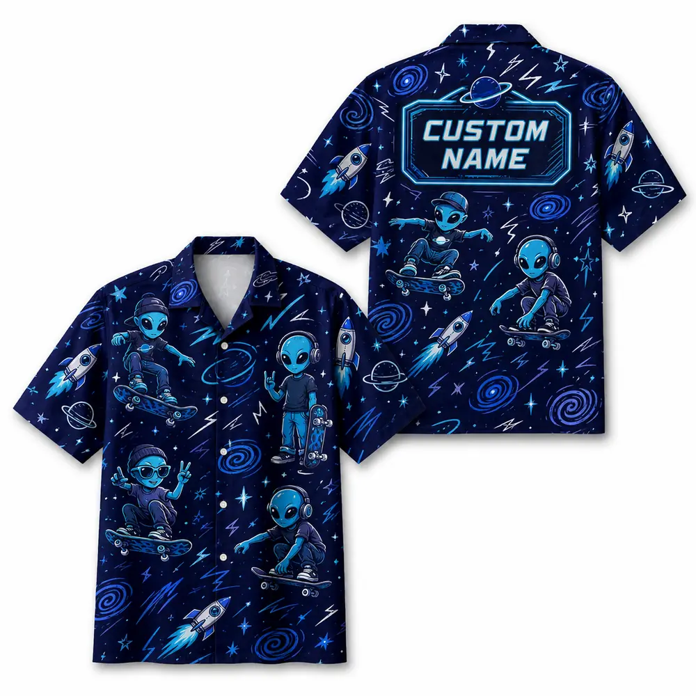Personalized Alien Skateboarding Outer Space Hawaiian Shirt For Men And Women, Short Sleeve Funny Sci-Fi Skater Galaxy, Custom Name Button Down - Style 8