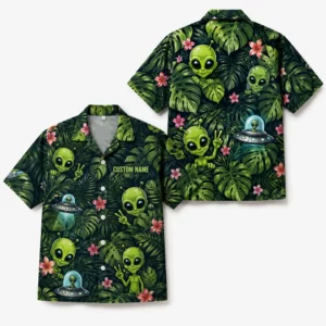 Personalized Alien Tropical Forest Hawaiian Shirt For Men And Women, Short Sleeve Funny Sci-Fi Nature, Custom Name Summer Button Down - Style 1