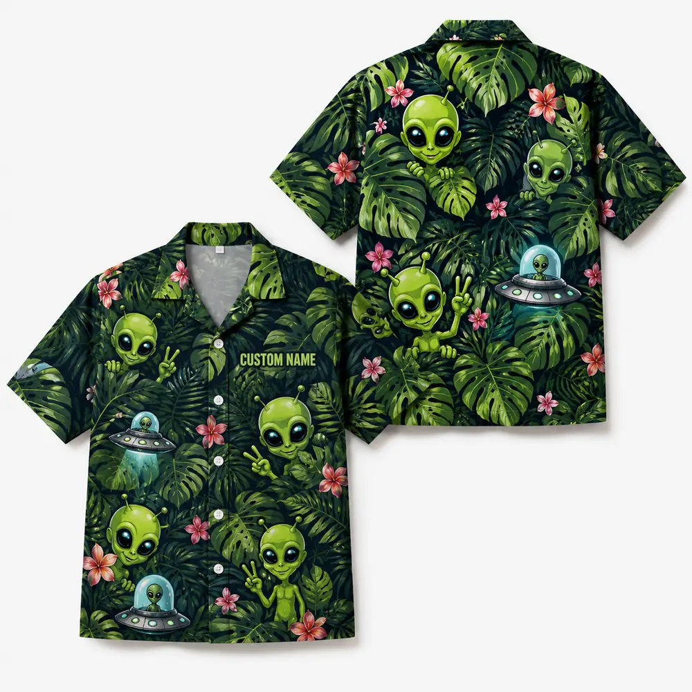 Personalized Alien Tropical Forest Hawaiian Shirt For Men And Women, Short Sleeve Funny Sci-Fi Nature, Custom Name Summer Button Down - Style 1