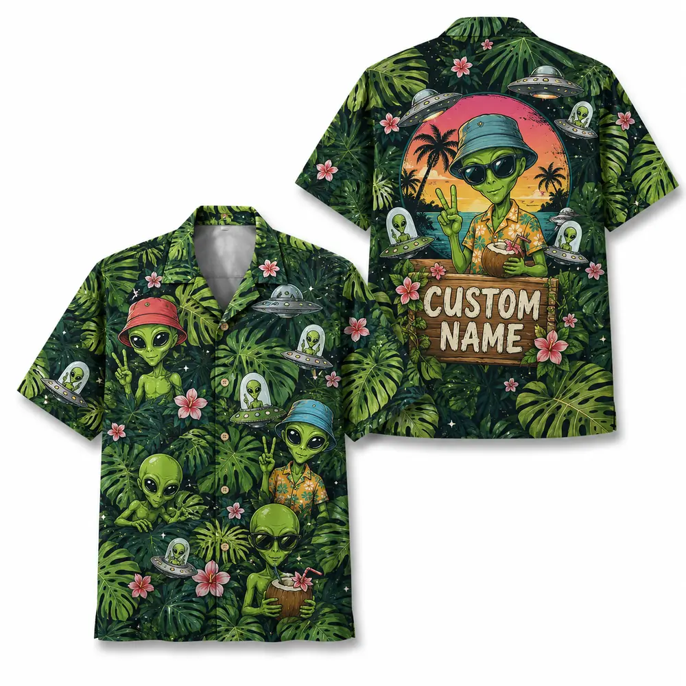 Personalized Alien Tropical Forest Hawaiian Shirt For Men And Women, Short Sleeve Funny Sci-Fi Nature, Custom Name Summer Button Down - Style 10