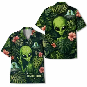 Personalized Alien Tropical Forest Hawaiian Shirt For Men And Women, Short Sleeve Funny Sci-Fi Nature, Custom Name Summer Button Down - Style 2