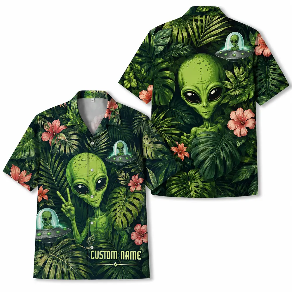 Personalized Alien Tropical Forest Hawaiian Shirt For Men And Women, Short Sleeve Funny Sci-Fi Nature, Custom Name Summer Button Down - Style 2