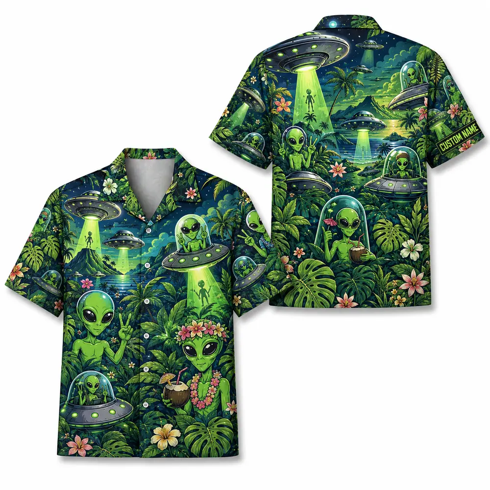 Personalized Alien Tropical Forest Hawaiian Shirt For Men And Women, Short Sleeve Funny Sci-Fi Nature, Custom Name Summer Button Down - Style 3