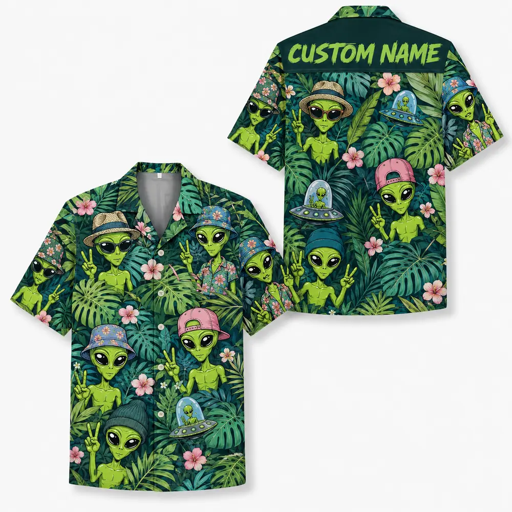 Personalized Alien Tropical Forest Hawaiian Shirt For Men And Women, Short Sleeve Funny Sci-Fi Nature, Custom Name Summer Button Down - Style 4