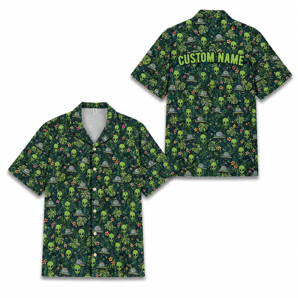 Personalized Alien Tropical Forest Hawaiian Shirt For Men And Women, Short Sleeve Funny Sci-Fi Nature, Custom Name Summer Button Down - Style 5