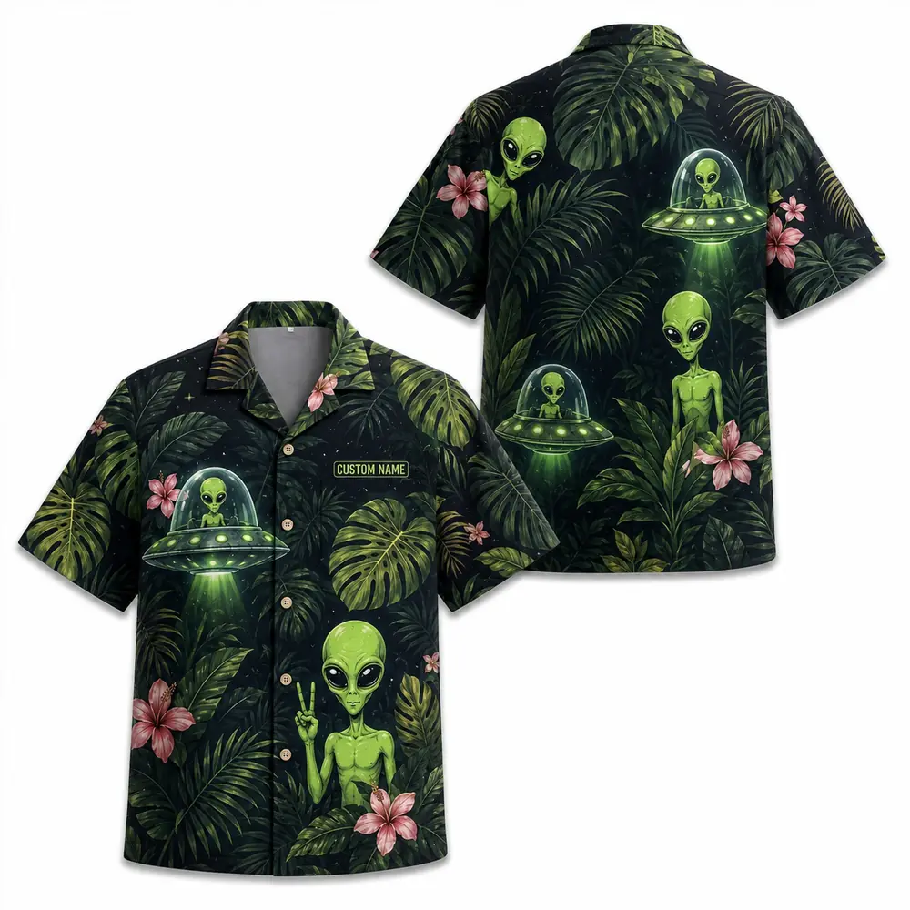 Personalized Alien Tropical Forest Hawaiian Shirt For Men And Women, Short Sleeve Funny Sci-Fi Nature, Custom Name Summer Button Down - Style 6