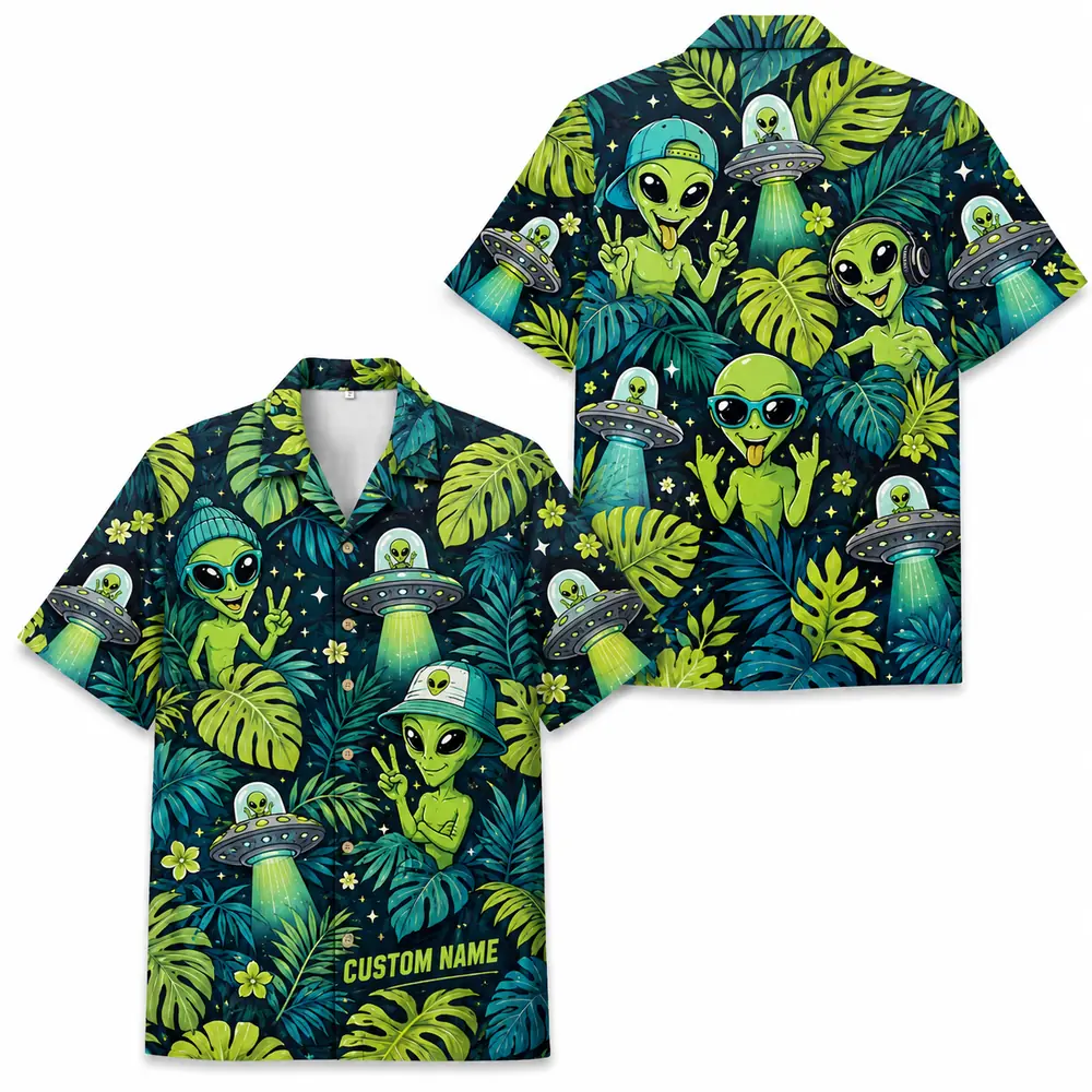 Personalized Alien Tropical Forest Hawaiian Shirt For Men And Women, Short Sleeve Funny Sci-Fi Nature, Custom Name Summer Button Down - Style 7