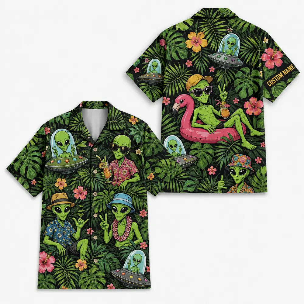 Personalized Alien Tropical Forest Hawaiian Shirt For Men And Women, Short Sleeve Funny Sci-Fi Nature, Custom Name Summer Button Down - Style 8