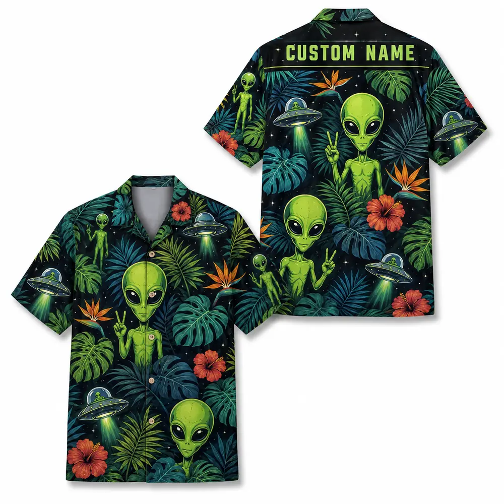 Personalized Alien Tropical Forest Hawaiian Shirt For Men And Women, Short Sleeve Funny Sci-Fi Nature, Custom Name Summer Button Down - Style 9