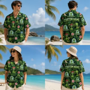Personalized Alien Tropical Hawaiian Shirt For Men And Women, Short Sleeve Funny Extraterrestrial Island Vacation Print, Custom Name Summer Button Down - View 1