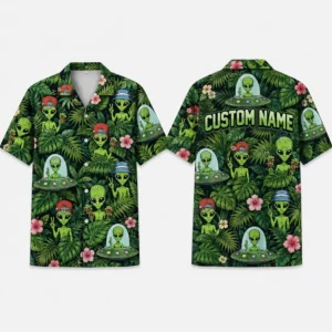 Personalized Alien Tropical Hawaiian Shirt For Men And Women, Short Sleeve Funny Extraterrestrial Island Vacation Print, Custom Name Summer Button Down