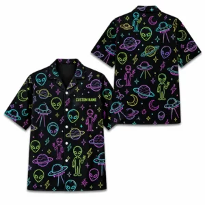 Personalized Alien Ufo Neon Hawaiian Shirt For Men And Women, Short Sleeve Funny Sci-Fi Space Galaxy, Custom Name Summer Button Down - Style 1
