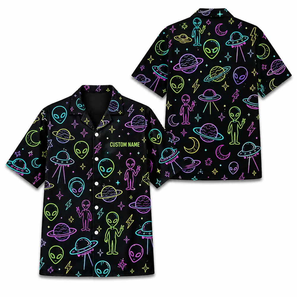 Personalized Alien Ufo Neon Hawaiian Shirt For Men And Women, Short Sleeve Funny Sci-Fi Space Galaxy, Custom Name Summer Button Down - Style 1