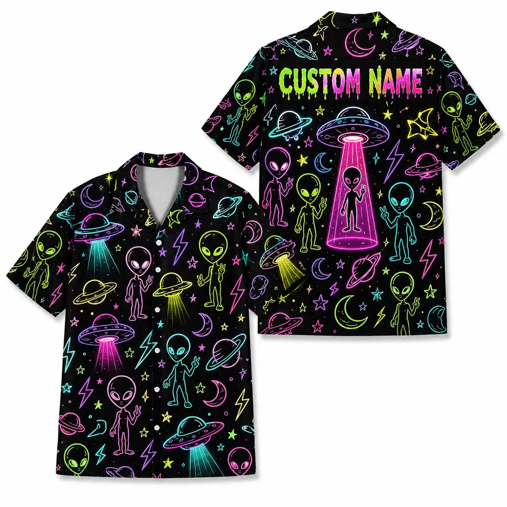 Personalized Alien Ufo Neon Hawaiian Shirt For Men And Women, Short Sleeve Funny Sci-Fi Space Galaxy, Custom Name Summer Button Down - Style 10