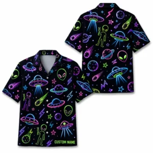 Personalized Alien Ufo Neon Hawaiian Shirt For Men And Women, Short Sleeve Funny Sci-Fi Space Galaxy, Custom Name Summer Button Down - Style 2