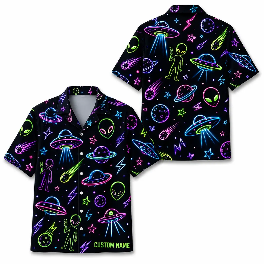 Personalized Alien Ufo Neon Hawaiian Shirt For Men And Women, Short Sleeve Funny Sci-Fi Space Galaxy, Custom Name Summer Button Down - Style 2