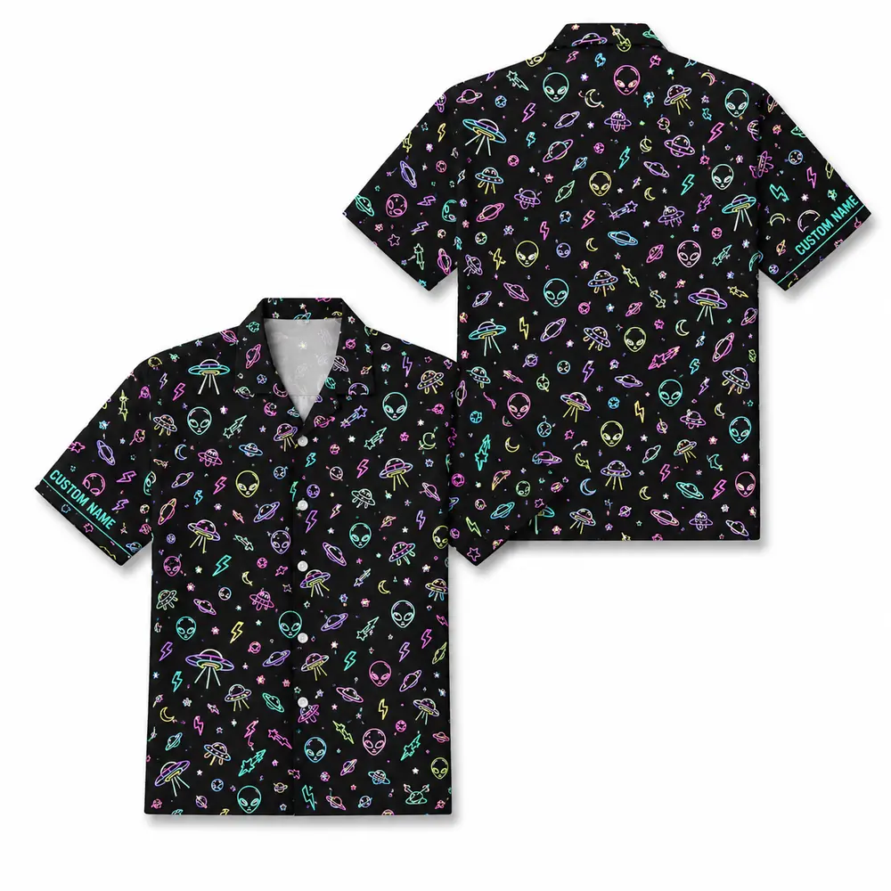 Personalized Alien Ufo Neon Hawaiian Shirt For Men And Women, Short Sleeve Funny Sci-Fi Space Galaxy, Custom Name Summer Button Down - Style 3