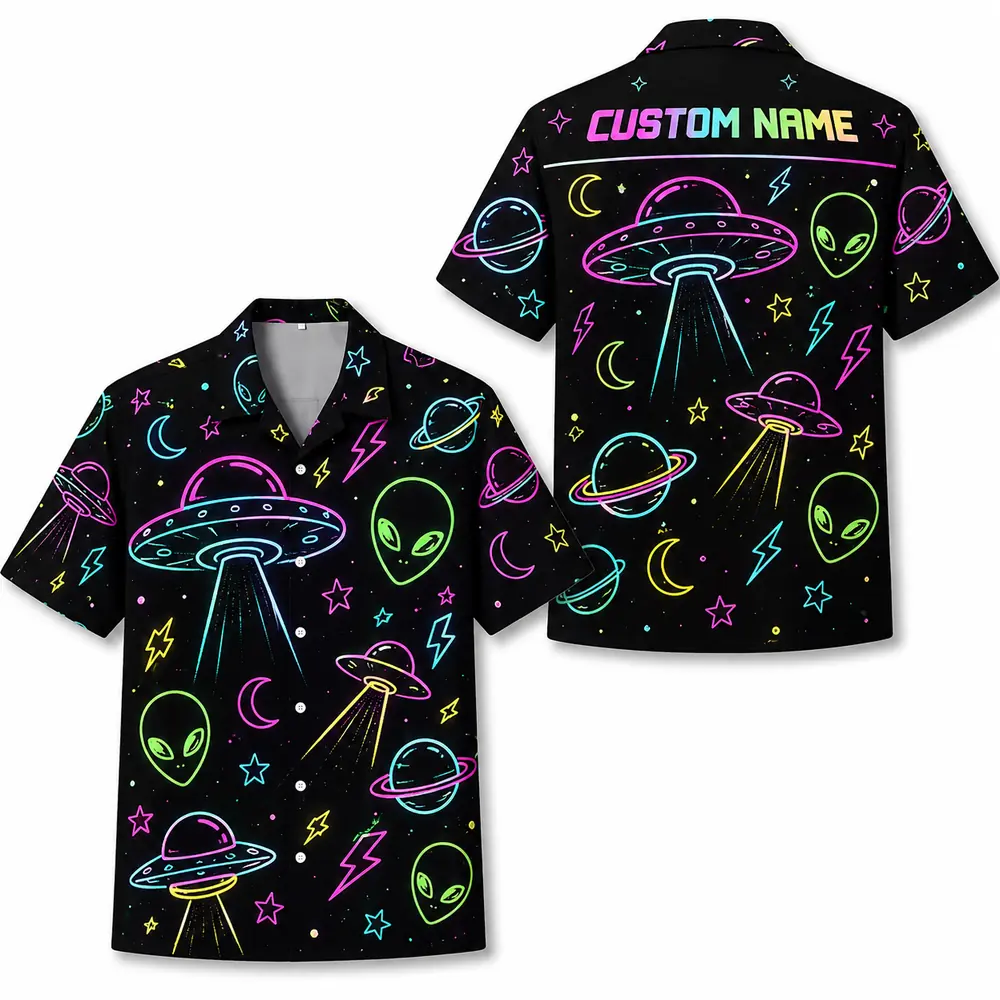 Personalized Alien Ufo Neon Hawaiian Shirt For Men And Women, Short Sleeve Funny Sci-Fi Space Galaxy, Custom Name Summer Button Down - Style 4