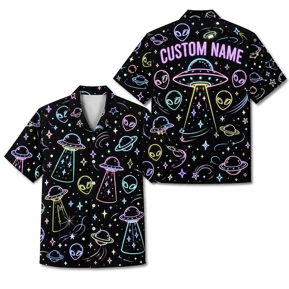 Personalized Alien Ufo Neon Hawaiian Shirt For Men And Women, Short Sleeve Funny Sci-Fi Space Galaxy, Custom Name Summer Button Down - Style 5