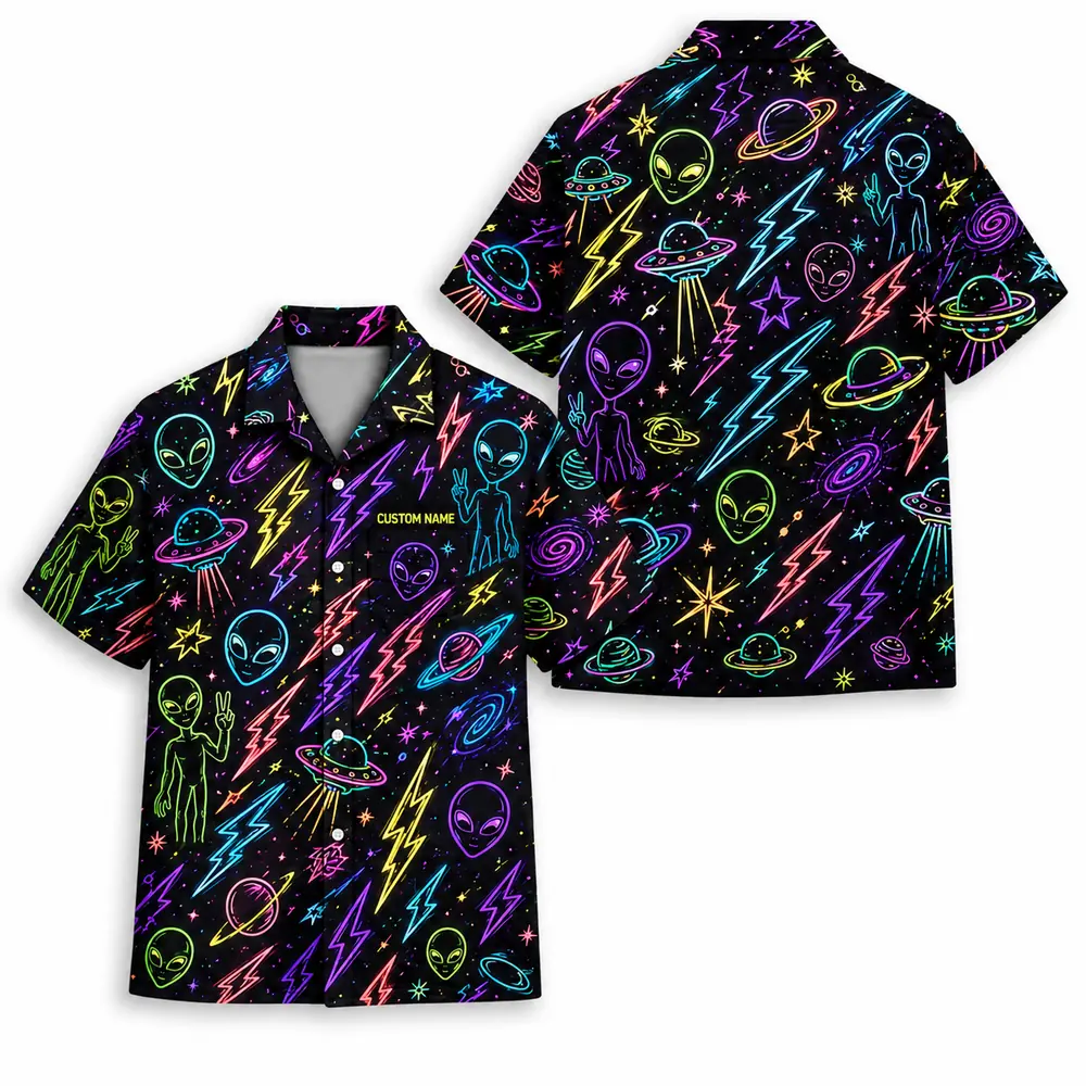 Personalized Alien Ufo Neon Hawaiian Shirt For Men And Women, Short Sleeve Funny Sci-Fi Space Galaxy, Custom Name Summer Button Down - Style 6