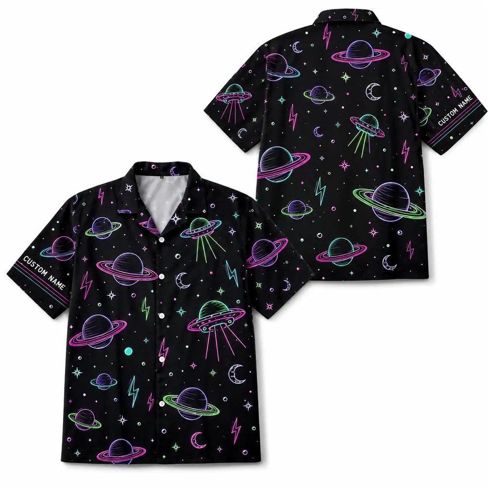 Personalized Alien Ufo Neon Hawaiian Shirt For Men And Women, Short Sleeve Funny Sci-Fi Space Galaxy, Custom Name Summer Button Down - Style 7