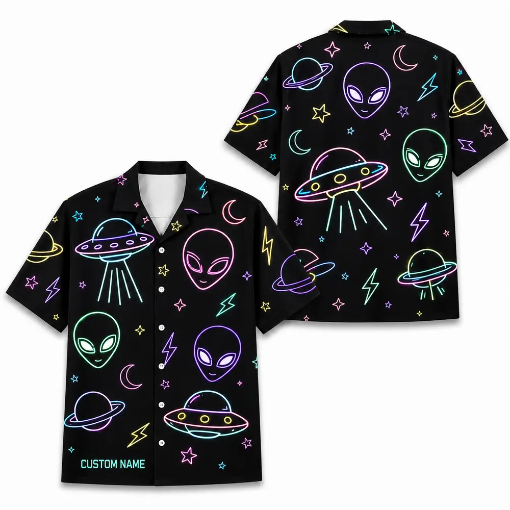 Personalized Alien Ufo Neon Hawaiian Shirt For Men And Women, Short Sleeve Funny Sci-Fi Space Galaxy, Custom Name Summer Button Down - Style 8